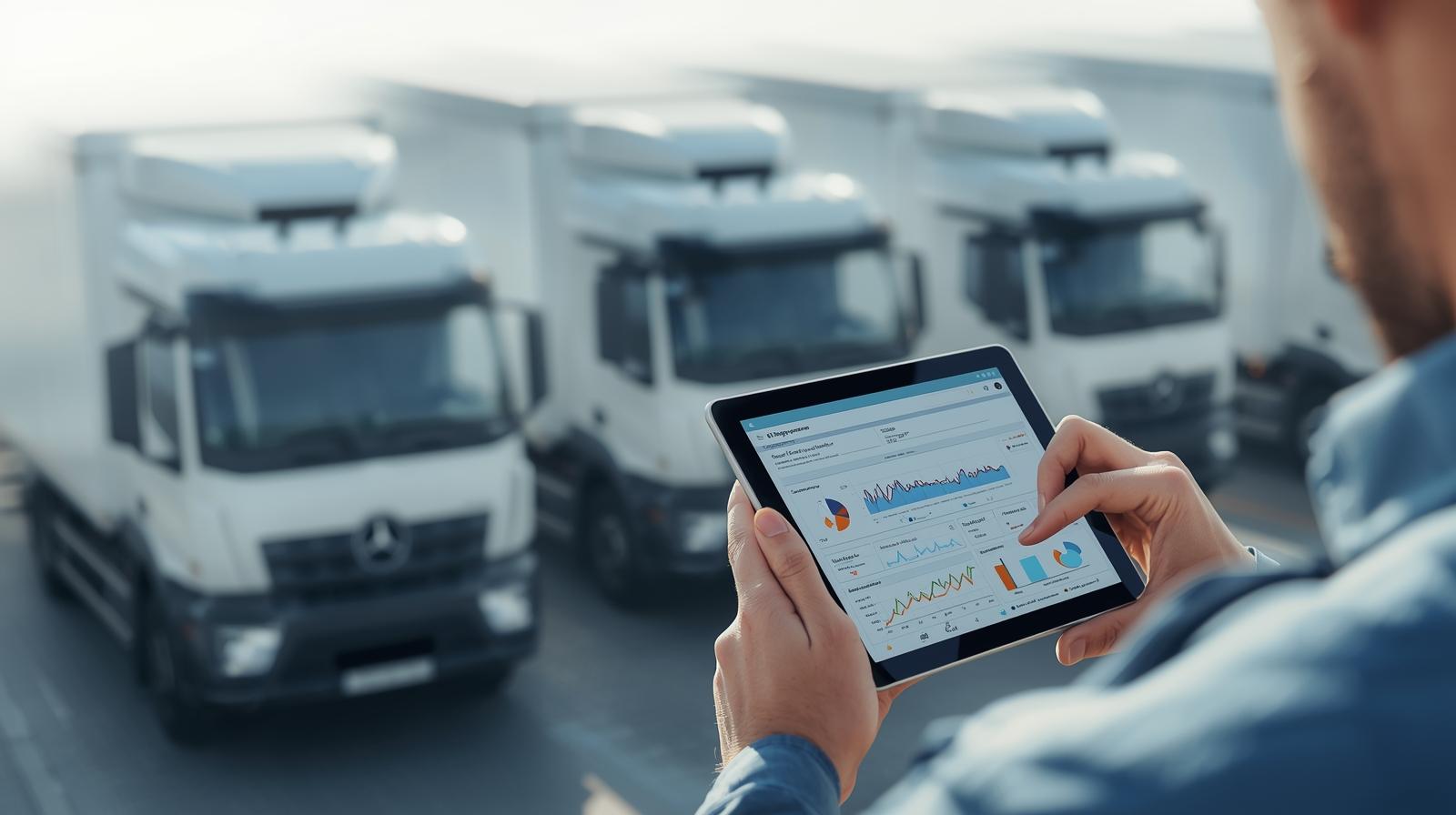 Realistic photo of trucks and vans equipped with GPS trackers, monitored via tablet fleet management dashboard, showing efficiency and future fleet technology.