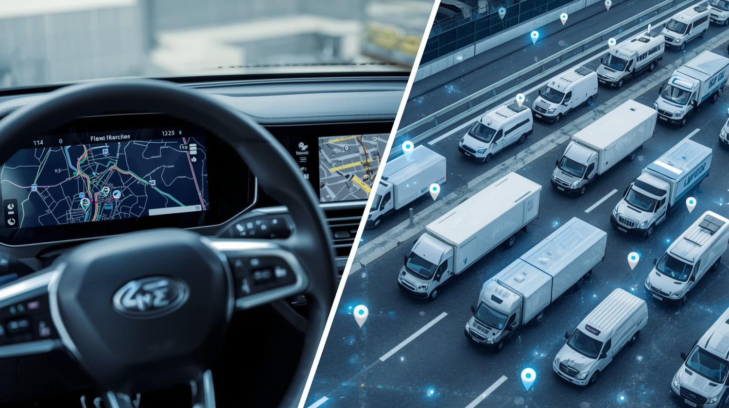 Close-up of a car dashboard with GPS navigation map, alongside an overhead view of delivery vans tracked with digital location pins, illustrating modern GPS trackers and fleet management solutions