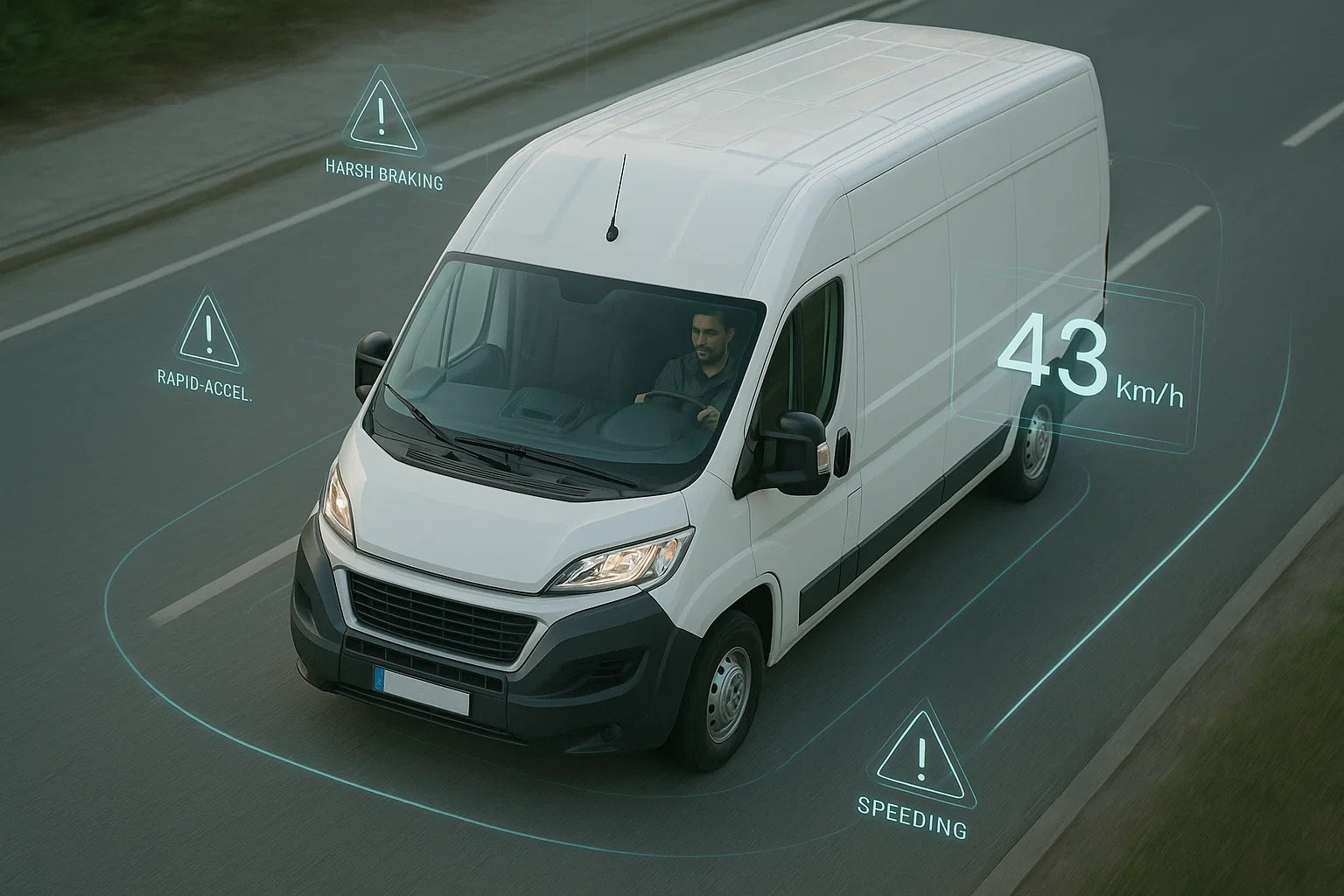 White van on a road with digital overlays indicating Harsh braking and acceleration, Route deviations and Speeding incidents.