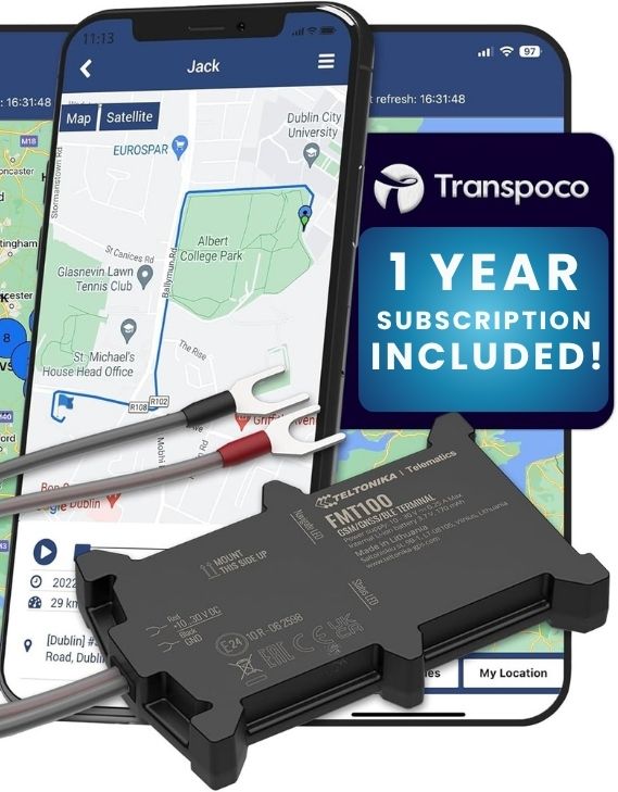 Transpoco fleet GPS device with smartphone displaying map app and Transpoco branding with 1 Year subscription