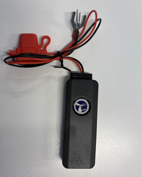 Front view of the GS900 4G hardwired vehicle GPS tracker showing Transpoco logo, red inline fuse, and fork battery terminals on power leads.