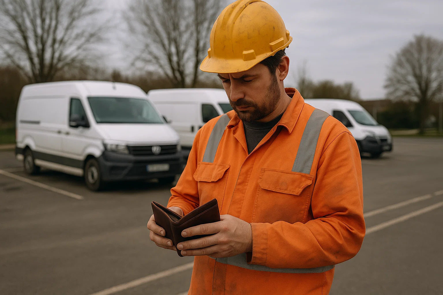 Man in orange work uniform and yellow hard hat holding a wallet in a parking lot with white vans. The image showing the Smart Cost Control and Savings