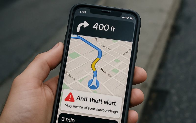 Hand holding a smartphone with a navigation app showing a route and anti-theft alert.