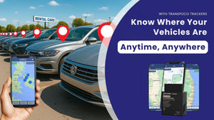 Banner showing a car park with flotte of vehicle tracked by transpoco trackers, the Transpoco logo, and the text “Know Where Your Vehicles Are—Anytime, Anywhere. Access real-time location and alerts on your phone or computer.” Smartphone screens display live vehicle tracking.