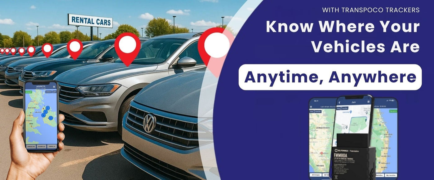 Banner showing a car park with flotte of vehicle tracked by transpoco trackers, the Transpoco logo, and the text “Know Where Your Vehicles Are—Anytime, Anywhere. Access real-time location and alerts on your phone or computer.” Smartphone screens display live vehicle tracking. ( on dekstop )