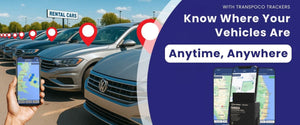 Banner showing a car park with flotte of vehicle tracked by transpoco trackers, the Transpoco logo, and the text “Know Where Your Vehicles Are—Anytime, Anywhere. Access real-time location and alerts on your phone or computer.” Smartphone screens display live vehicle tracking. ( on dekstop )