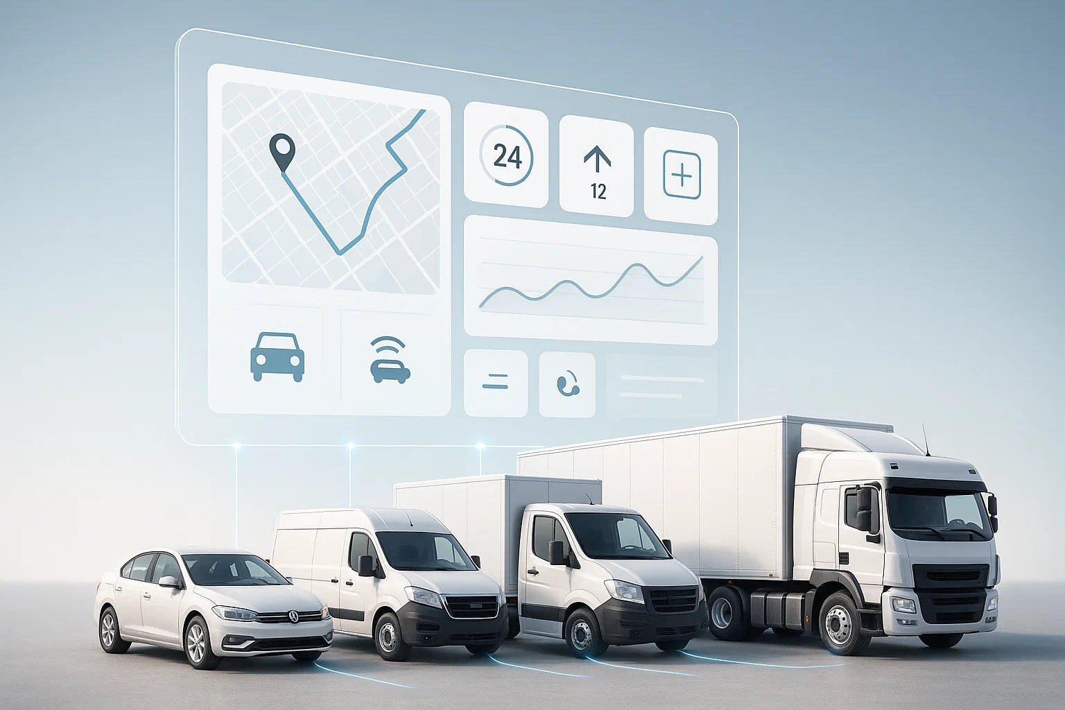 Image of trucks and cars of various sizes with a GPS tracker interface showing that the tracker can be installed on any type of vehicle.