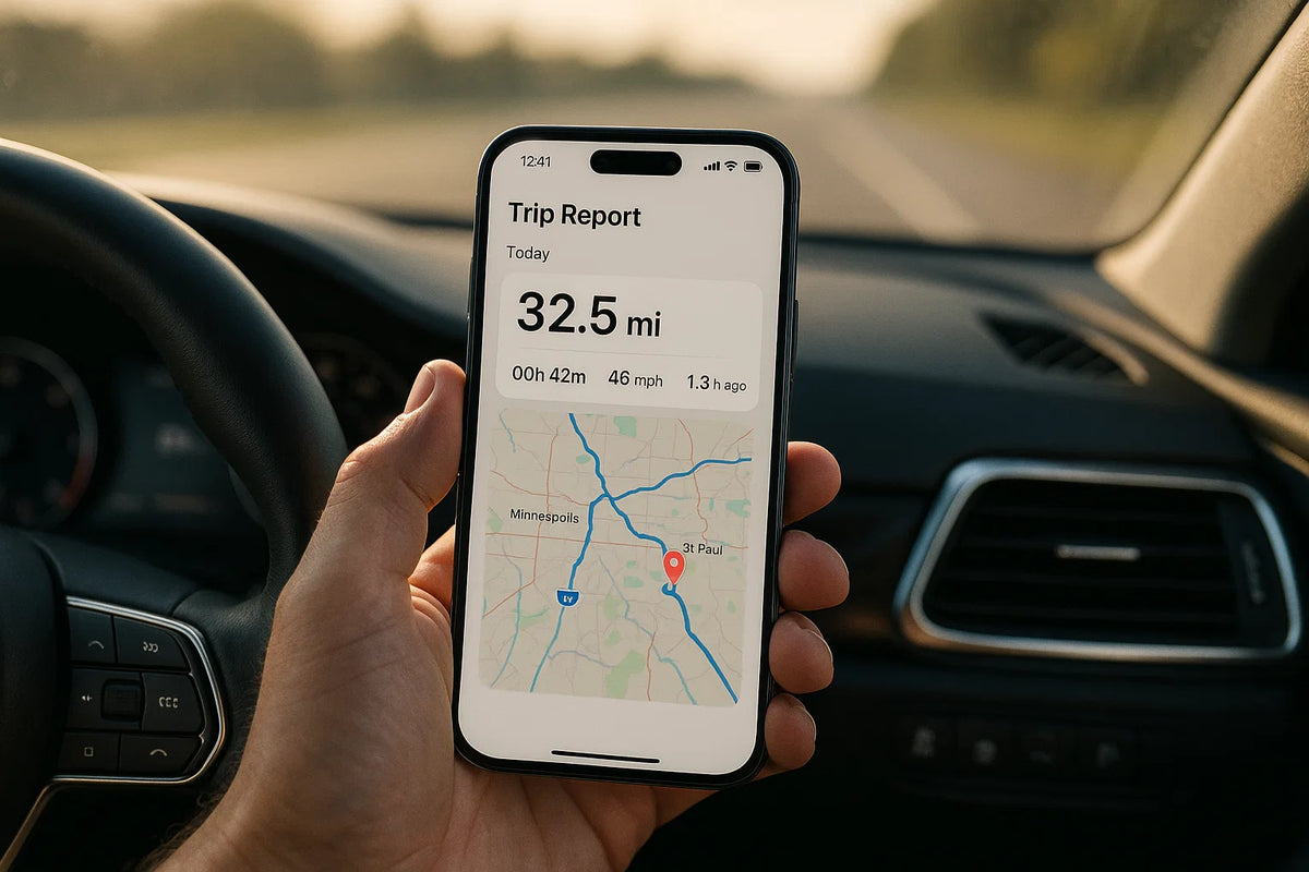 Person holding a smartphone displaying a trip report with distance traveled, inside a car.