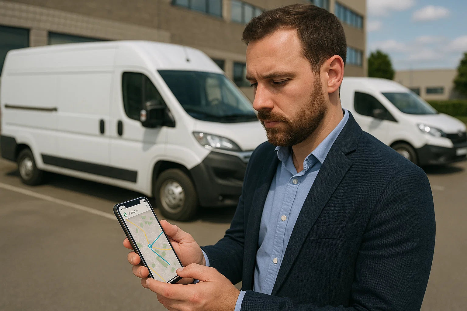 image showing a project manager demonstrating the Transpoco vehicle tracking application on his phone